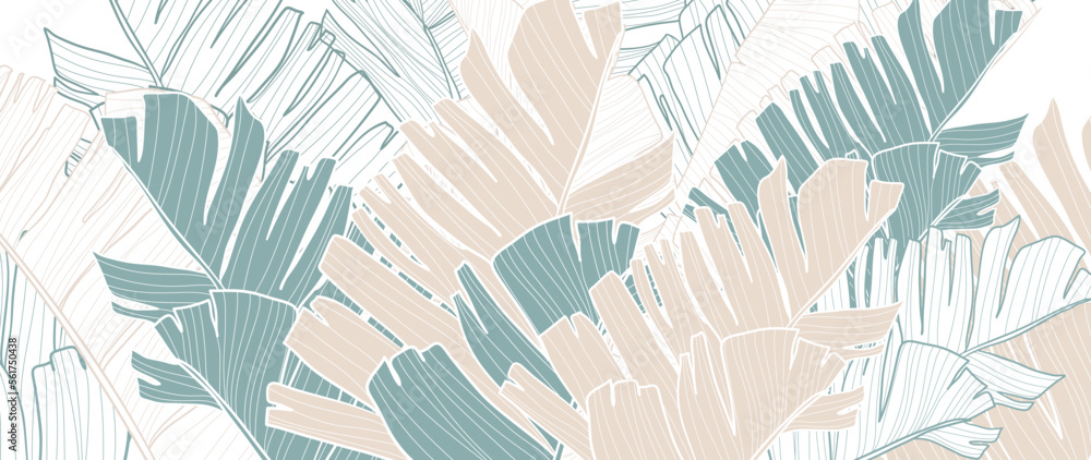 Fototapeta premium Botanical foliage line art background vector illustration. Tropical banana palm leaves drawing contour pattern background. Design for wallpaper, home decor, packaging, print, poster, cover, banner.