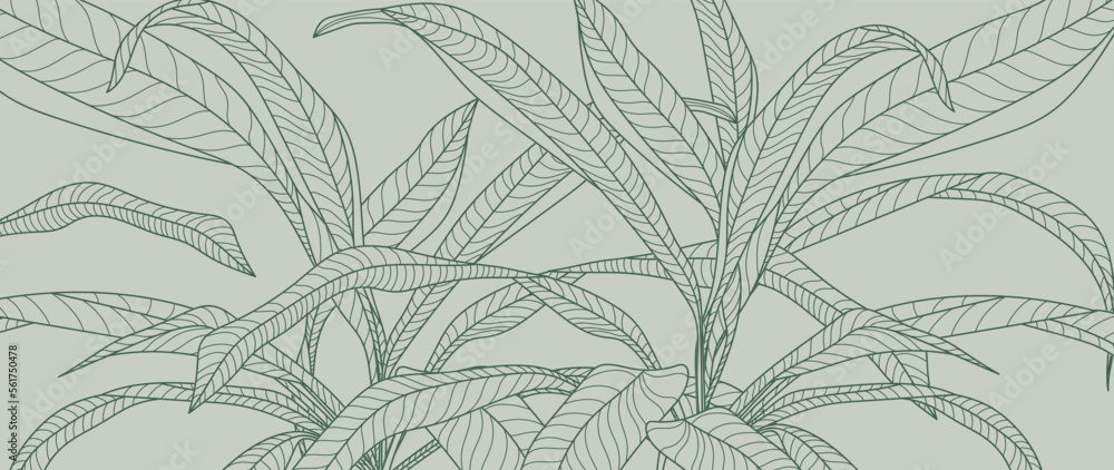 Botanical foliage line art background vector illustration. Tropical palm leaves drawing contour style pattern background. Design for wallpaper, home decor, packaging, print, poster, cover, banner. - obrazy, fototapety, plakaty 