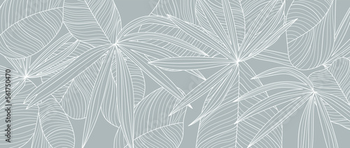 Botanical foliage line art background vector illustration. Tropical palm leaves white drawing contour pattern background. Design for wallpaper, home decor, packaging, print, poster, cover, banner.