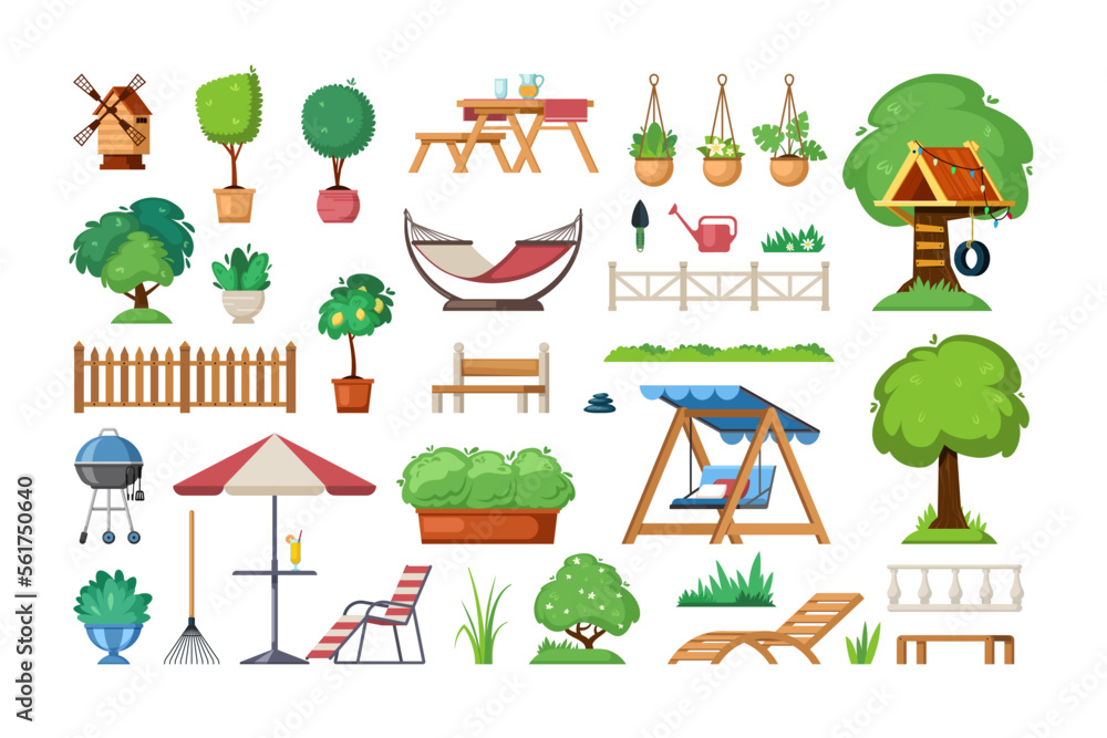 patio outdoor. house backyar for BBQ furniture trees and bushes. Vector cartoon collection