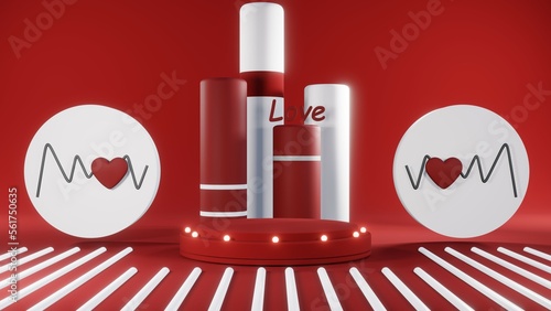 3D rendering of red podium for Valentine products on Valentine's Day.