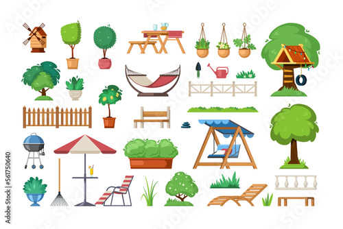patio outdoor. house backyar for BBQ furniture trees and bushes. Vector cartoon collection