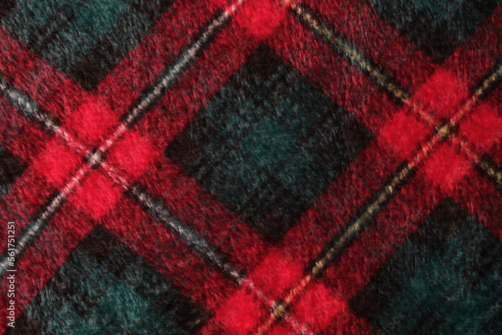 Background is plaid plaid bright red and green.