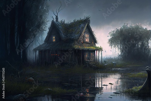 Fototapet old hunting shack fishing cabin in the swamp beau , generative ai