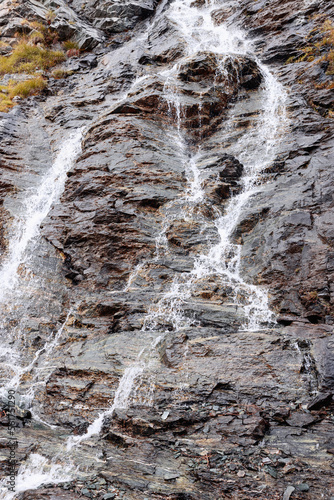 Flowing and foaming waters of small alpine cascade over gray karst layers of granite partially covered with yellowed autumn moss. Aosta Valley, Italy (vertical close up)
