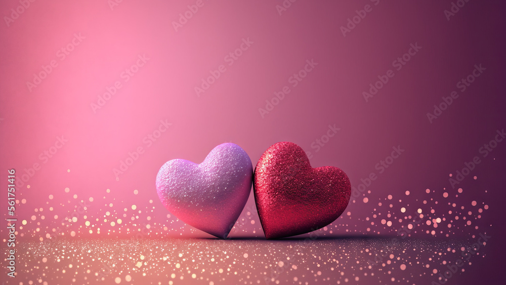 Two pink hearts with nice glittery texture details on empty background. Valentine’s day generative Ai imagery with shiny glitter bokeh effect