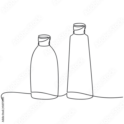 One line continuous drawing vector. Set of bottles. Outline illustration. Hand drawn linear silhouette icon. Medical, cosmetic, skin care product, balm, body lotion, liquid soap, shampoo, shower gel