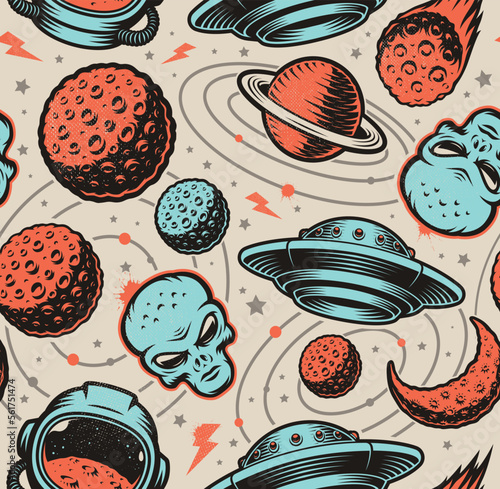 UFO Seamless Background with design elements such us flying saucer, head alien, planet, moon.