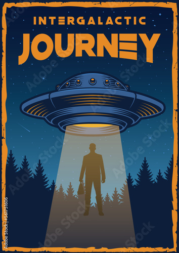 Vintage UFO poster with flying saucer illustration. This design can be used as a t-shirt print as well