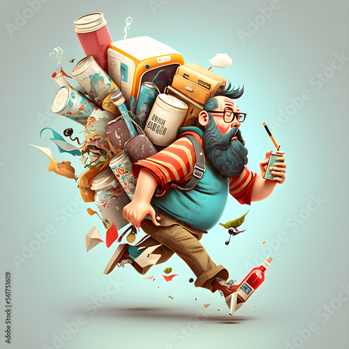 Overweight Man Losing Weight Illustration. Baggage, Running, Exercising Poster. Motivational Design. Generative AI photo