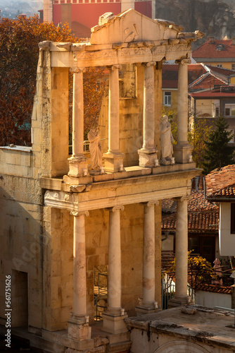 Plovdiv, Bulgaria, sunset, columns of ancient roman amphitheatre and city panorama
