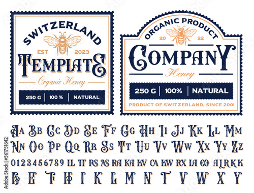 Set of vintage vector honey labels with vintage font on a white background