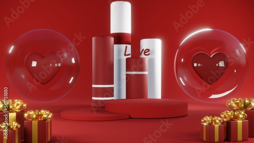 3D rendering of red podium for Valentine products on Valentine's Day.