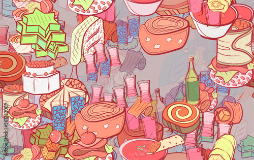 Background pattern abstract design texture. Seamless. Snacks and Alcohol. Theme is about tart, mini cake, sandwich, fish, spiral, cake, brandy, basket, forty degrees, Russian, lettuce leaf
