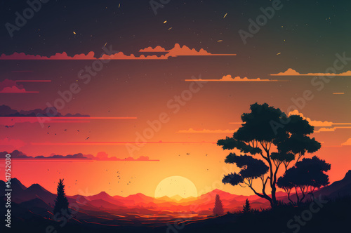 Minimal beautiful silhouette sunset sky with vibrant color and copy space sky background. Illustration graphic design generative ai.