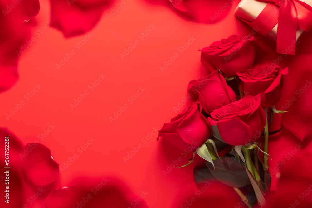Valentines day card with gift box and rose flowers Valentines day card with gift box and rose flowers
