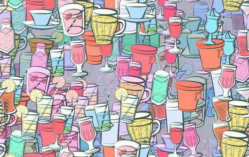 Background pattern abstract design texture. Seamless. Drinks. Theme is about soda can, stand, wine, bubbles, Cup, cherries, compote, alcohol, cocktail, bottle, drinking tube, thread, ice cream
