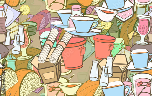 Background pattern abstract design texture. Seamless. Japanese food and Drinks. Theme is about wok, soy sauce, sushi-roll, aluminum, food delivery, sauce cup, soda can, lemon, Martini, sushi salmon