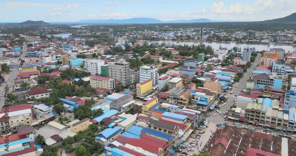 aerial drone shot of the center of downtown Kampot aerial drone shot of the center of downtown Kampot