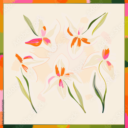 Hand drawn modern artistic flowers neckerchief. Abstract fashionable vector template for your design. 