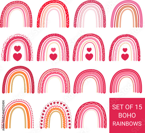 Set of 15 boho rainbows. collection of 15 vector abstract decorative boho rainbows with hearts, dots, pattern best for any design