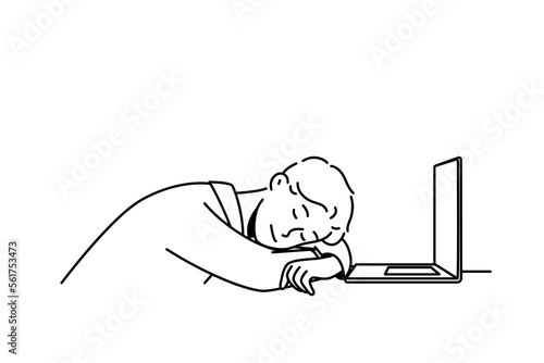 Exhausted young man fall asleep on desk near computer. Tired male employee nap at table in office. Work burnout and fatigue. Vector illustration. 