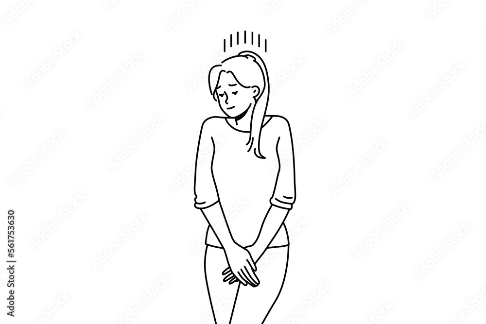 Young woman suffer from cystitis or urinary infection feel desire to pee. Unhealthy female struggle with urinal disease. Vector illustration. Young woman suffer from cystitis or urinary infection feel desire to pee. Unhealthy female struggle with urinal disease. Vector illustration.