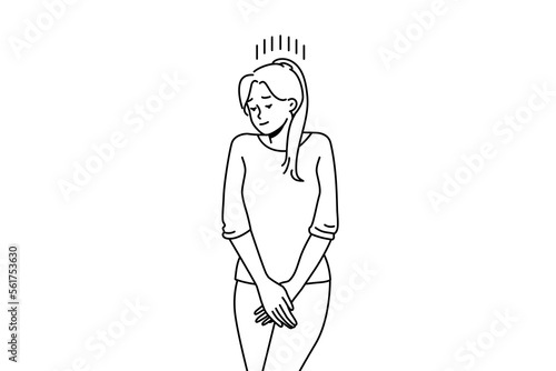 Young woman suffer from cystitis or urinary infection feel desire to pee. Unhealthy female struggle with urinal disease. Vector illustration. 