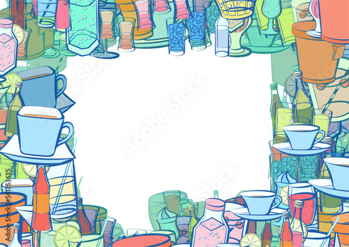 Background pattern abstract design texture. Drinks and Alcohol. Border frame, transparent background. Theme is about cocktail, compote, mixture, cola, coffee, hot drink, Russian, Martini