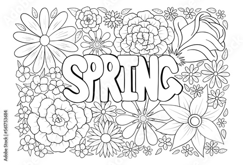 Spring floral pattern antistress coloring book page, vector illustration