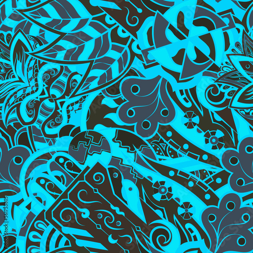 Tracery seamless pattern. Mehndi design. Dark sharp colors. 6 colors. Ethnic doodle texture. Curved doodling background. Vector