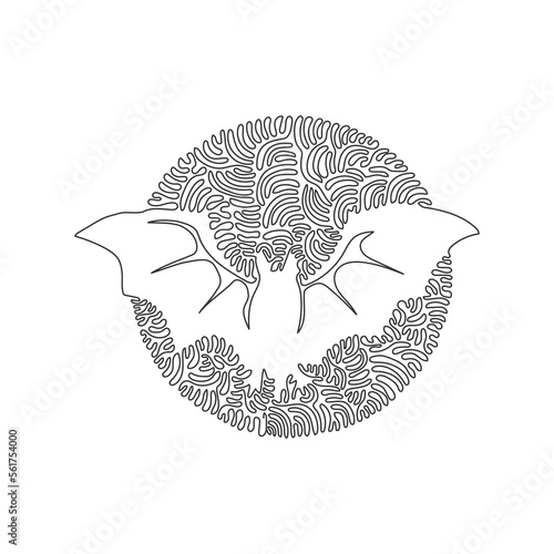 Continuous one curve line drawing of scary bats. Abstract art in circle. Single line editable stroke vector illustration of bats have wide wings for logo, wall decor and poster print decoration