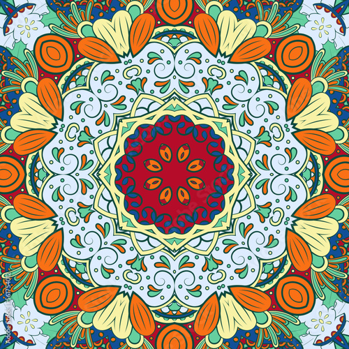 Seamless tile texture. Tracery mehndi design image. Ethnic doodle art. Curved doodling picture. Vector