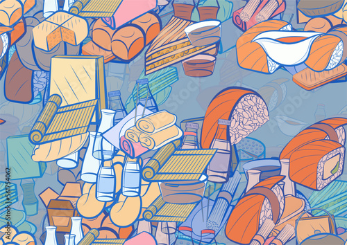 Background pattern abstract design texture. Seamless. Japanese food and Bakery products. Theme is about bamboo mat, baklava, common, roll salmon, food delivery, soy sauce, pancakes, food sticks