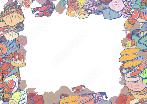 Background pattern abstract design texture. Snacks and Seafood. Border frame, transparent background. Theme is about spiral, basket, oceanic, cheese, marshmallows, sweetness, stuffed cabbage