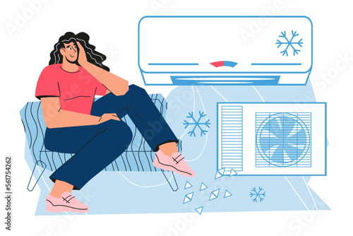 Woman sitting under air conditioner at home, flat cartoon vector illustration isolated on white background. Installation and maintenance of air conditioners service, banner or poster layout.