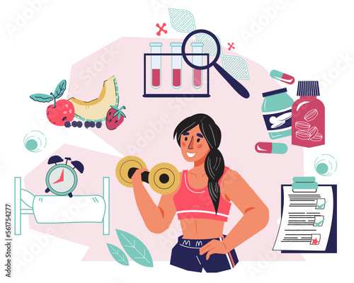 Healthy day schedule and Biohacking healthcare concept of banner. Health surveillance program and biohacking life extension technology, flat cartoon vector illustration isolated on white background.