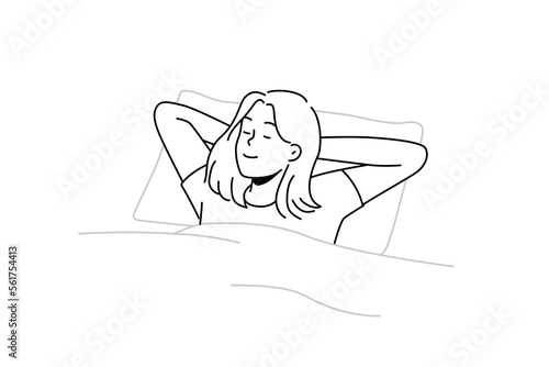 Happy young woman lying in bed sleeping. Smiling girl relax in bedroom dreaming or napping. Relaxation and comfort. Vector illustration. 