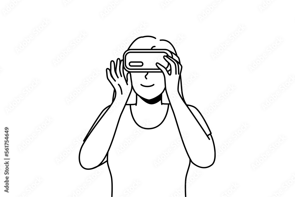 Smiling woman in VR glasses explore new horizons. Happy girl in virtual reality headset enjoy modern technology. Vector illustration. Smiling woman in VR glasses explore new horizons. Happy girl in virtual reality headset enjoy modern technology. Vector illustration.