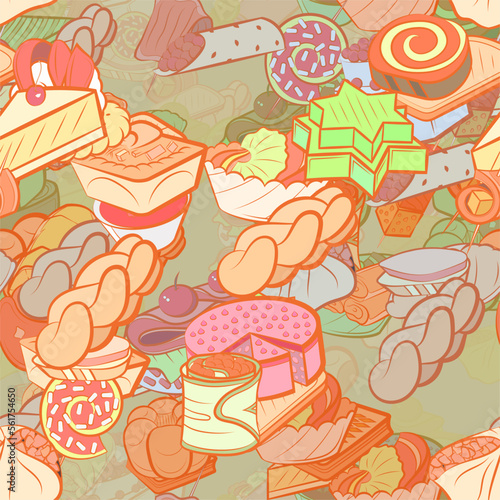Background pattern abstract design texture. Seamless. Bakery products and Snacks. Theme is about sennit, Khinkali, filling, strudel, cheesecake, soup, biscuit, divided, satiety, snack, lettuce leaf