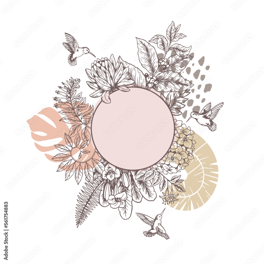 Hummingbirds and tropical flora. Hand drawn vector outline illustrations of birds and flowers and plants. Round circle composition
Hummingbirds and tropical flora. Hand drawn vector outline illustrations of birds and flowers and plants. Round circle composition