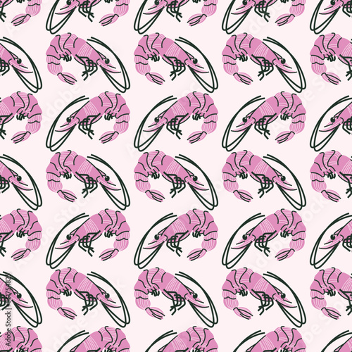 Seamless pattern, background, wrapping paper, illustration, postcard, print with colorful cute shrimps in vector