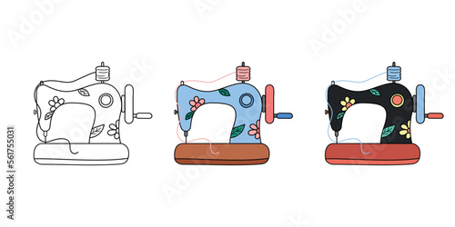 Sewing machines doodles set. Vector illustration of cute handdrawn vintage  tailoring machines. Outline, blue and black. Retro sewing elements photo