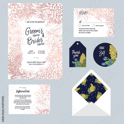 Set of templates for wedding invitation, postcard, information list, respond, reply and design for envelope with hand drawn mimosas and bluebells illustration
