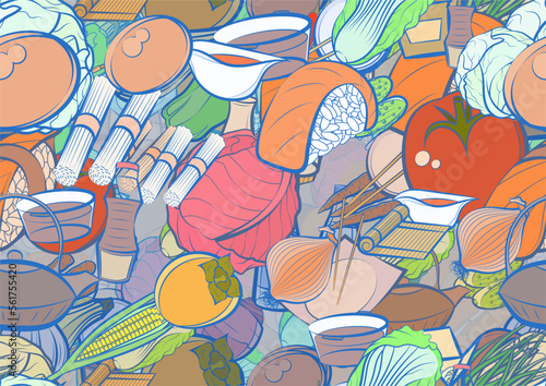 Background pattern abstract design texture. Seamless. Japanese food and Health food. Theme is about Caucasian, vitamin C, pepper, cleaned up, Chinese cabbage, egg, fetus, onion feathers
