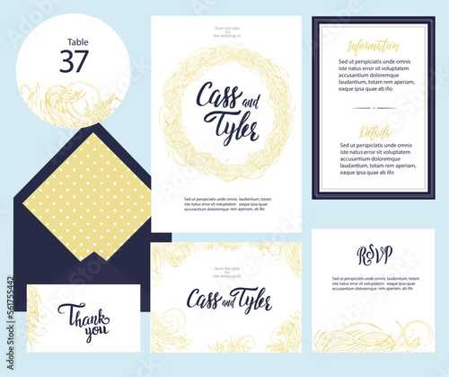 Set of templates for wedding invitation, postcard, information list, respond, reply and design for envelope with wreath branches ornament on white background
