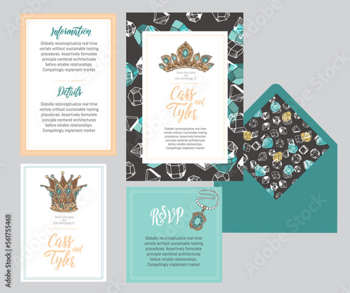 Set of templates for wedding invitation, postcard, information list, respond, reply and design for envelope with hand drawn jewelry crowns and gemstones

