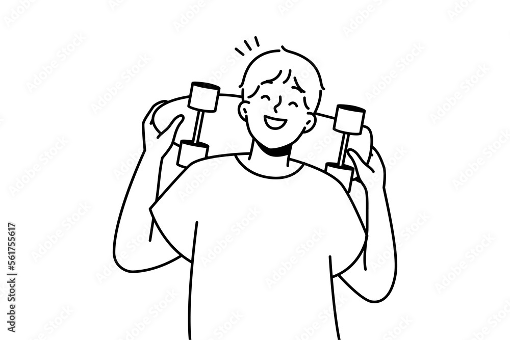 Smiling guy posing with skateboard outdoors. Happy young man with skating board show hobby and entertainment. Vector illustration. Smiling guy posing with skateboard outdoors. Happy young man with skating board show hobby and entertainment. Vector illustration.