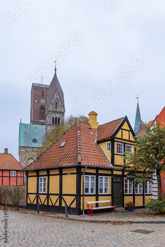 Cityscape with half-timbered house and cathedral in picturesque village Ribe In Southern Jutland in Denmark. Oldest city of Scandinavia
