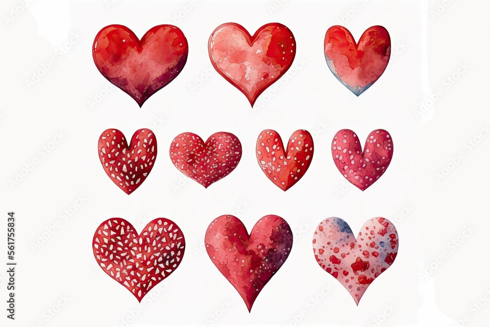 Collection of Cute Watercolor Hearts, Abstract Art, Digital Illustration